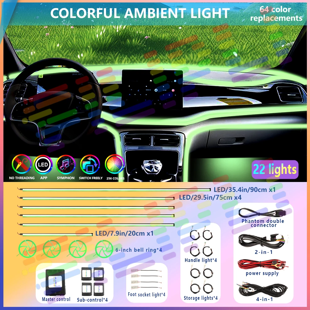 

Sleek LED Car Interior Lighting: 64+ Hues for Chromatic Display, Smartphone App Adjustable, Changeable Settings, Discreet Acryli