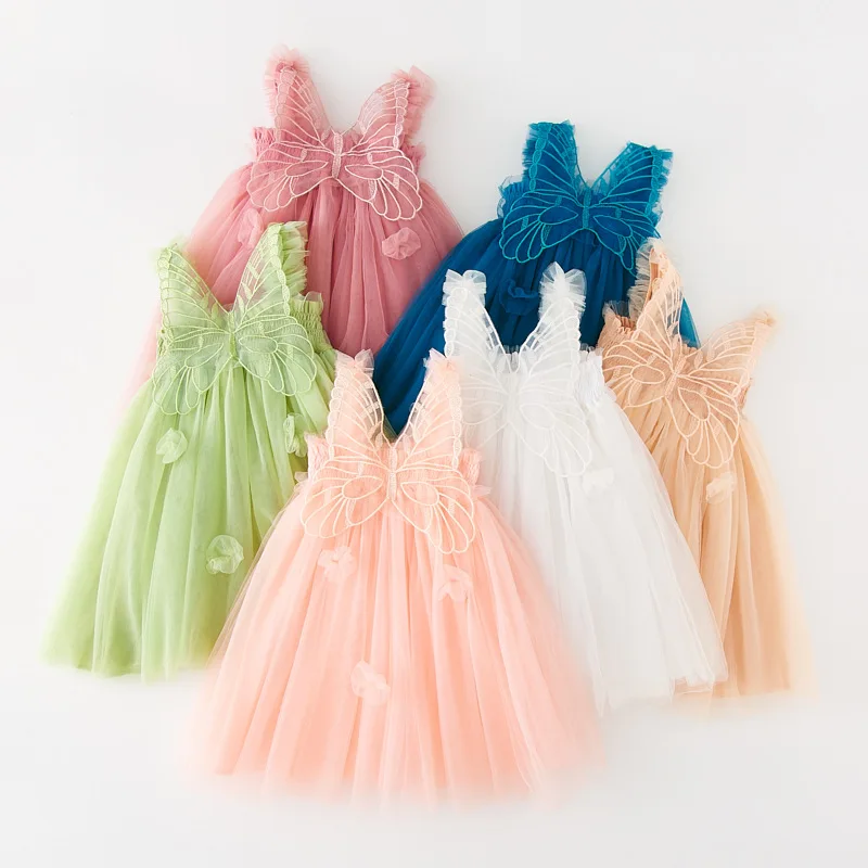 

2024 New Summer Kids Clothes for Children Girls Princess Party Birthday Dress Back Bow Wings Fairy Strap Butterfly Mesh Dress