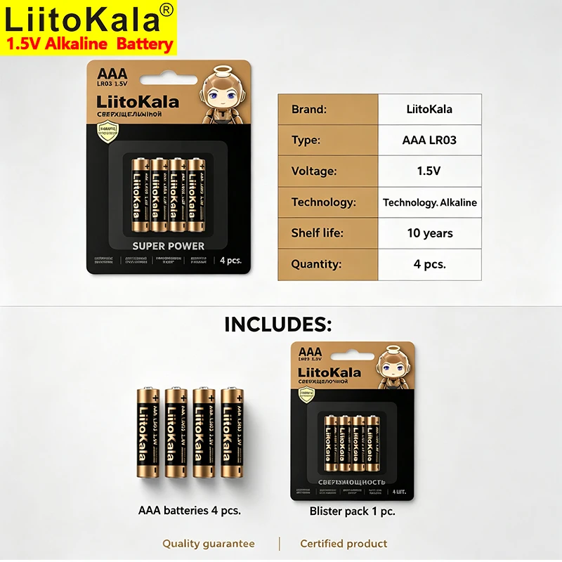 LiitoKala LR03 AAA 1.5V Alkaline Battery 4PCS/Packaging, Long Lasting, 10-year Shelf Life for Flashlight Wireless Mouse