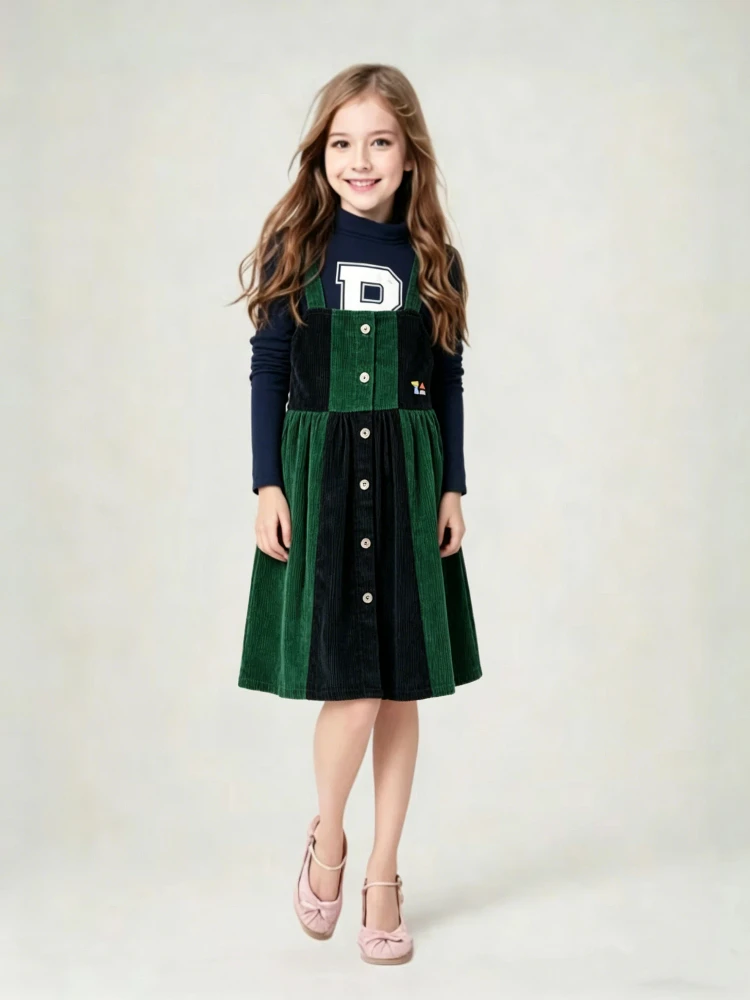 Baby Girls' Sweet Letter Print High Neck Corduroy Suspended Dress - mid Size Versatile Sleeveless Underlay Set for Casual Wear 3