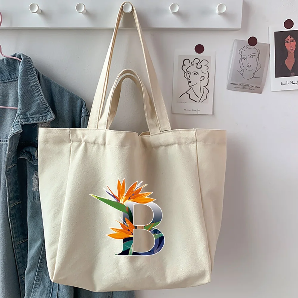 Women Canvas Shoulder Bag Flower Color 26 Letter Name Print Casual Handbag Tote Bag Reusable Large Capacity Shopping Beach Bag
