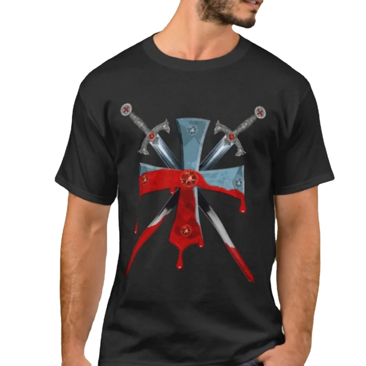 Crossed Sword Blood Traces and Blood Drops Knights Cross Badge T-Shirt. Summer Cotton Short Sleeve O-Neck Mens T Shirt New S-3XL