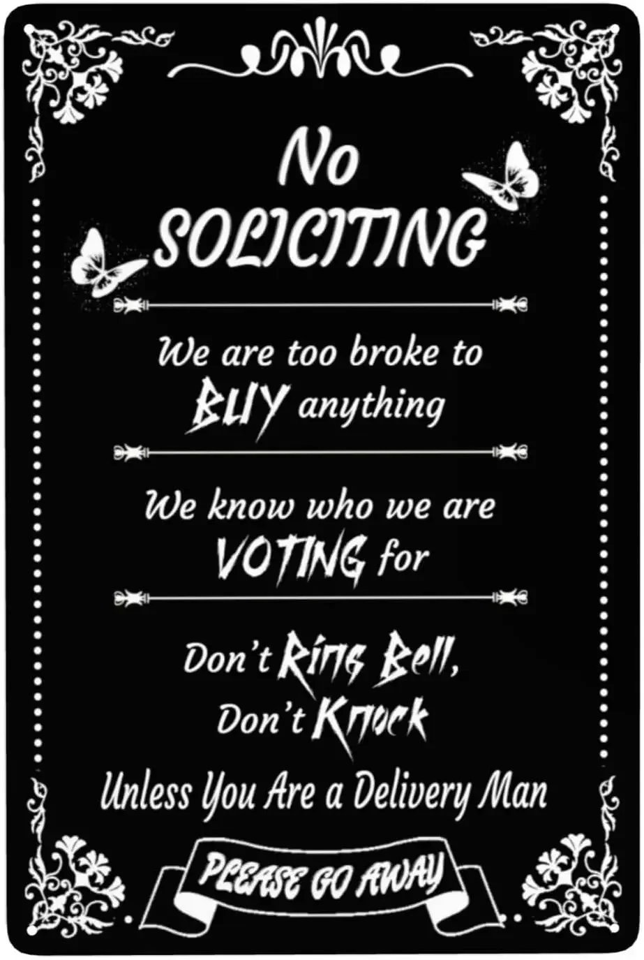 Funny No Soliciting Sign for Front Door House Home Office Yard, Do Not Ring Doorbell Sign, Knock Tin Metal Yard Signs Bla