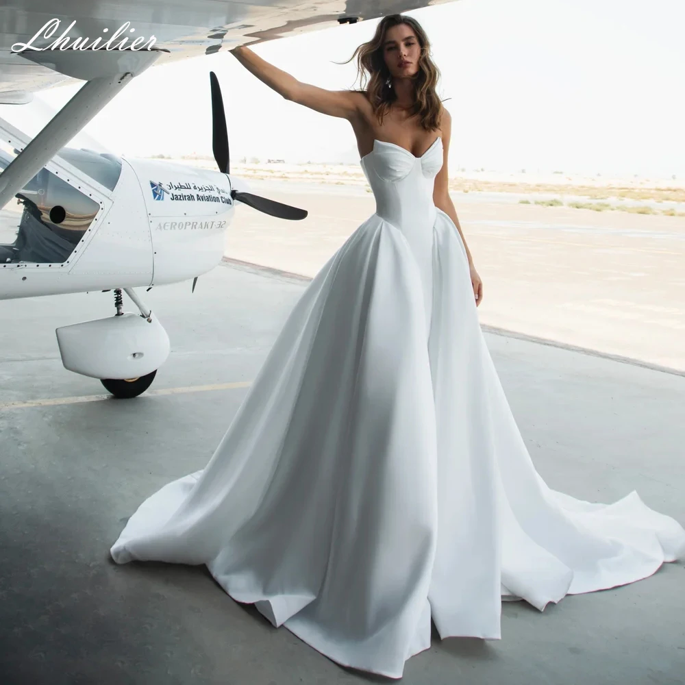 Lhuilier Customized A Line Strapless Satin Wedding Dresses Sleeveless Bridal Gowns with Chapel Train