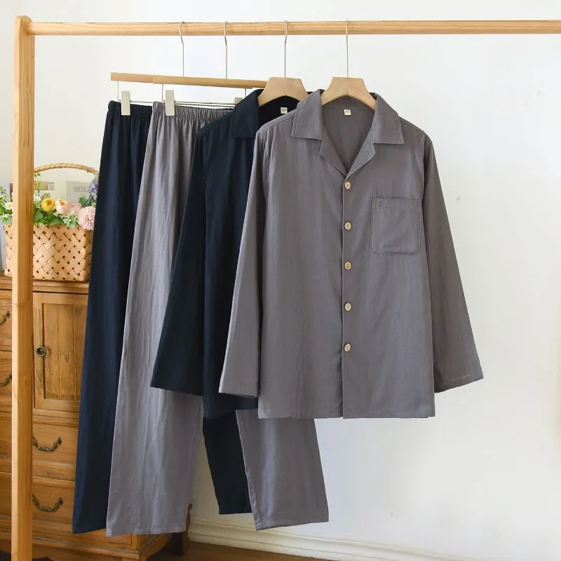 2026 Spring And Autumn New Men's Pajama Set 100% Cotton Gauze Solid Color Large Size Long Sleeve Home Clothes Two Piece Set