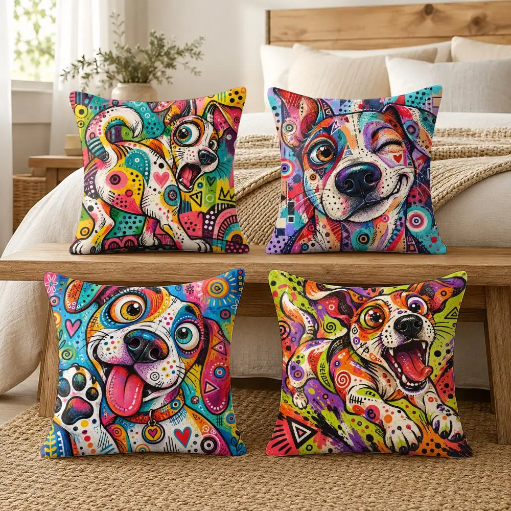 Funky Dog Colorful Modern Cushion Cover Soft Short Plush Pillow Cases Hidden Zipper Cutecore Sofa Bedroom Home Decor Gift