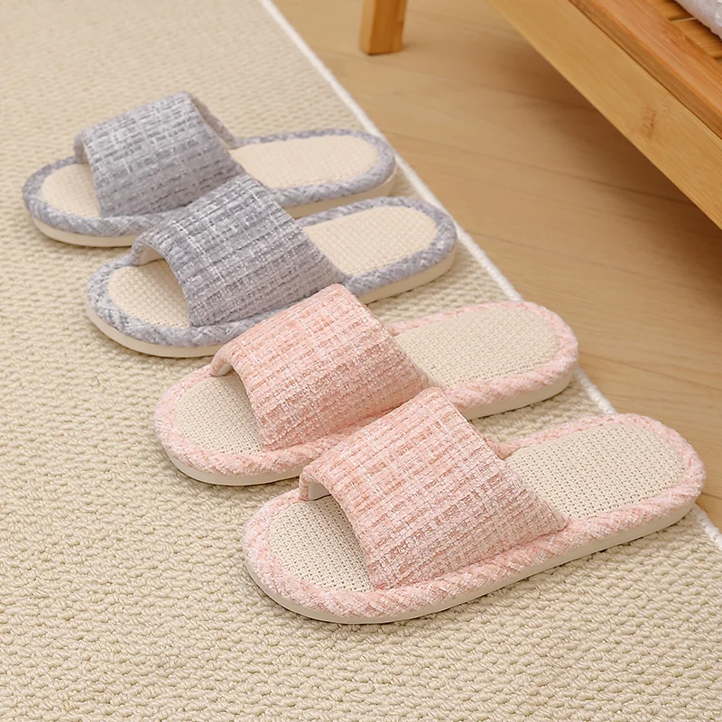 Atmungsaktive Leinen-Hausschuhe für Damen und Herren, gestrickte Tweed-Slipper mit offener Zehenpartie, rutschfeste, dicke, weiche Sohle, schweißabsorbierende Hausschuhe. – Detail 5