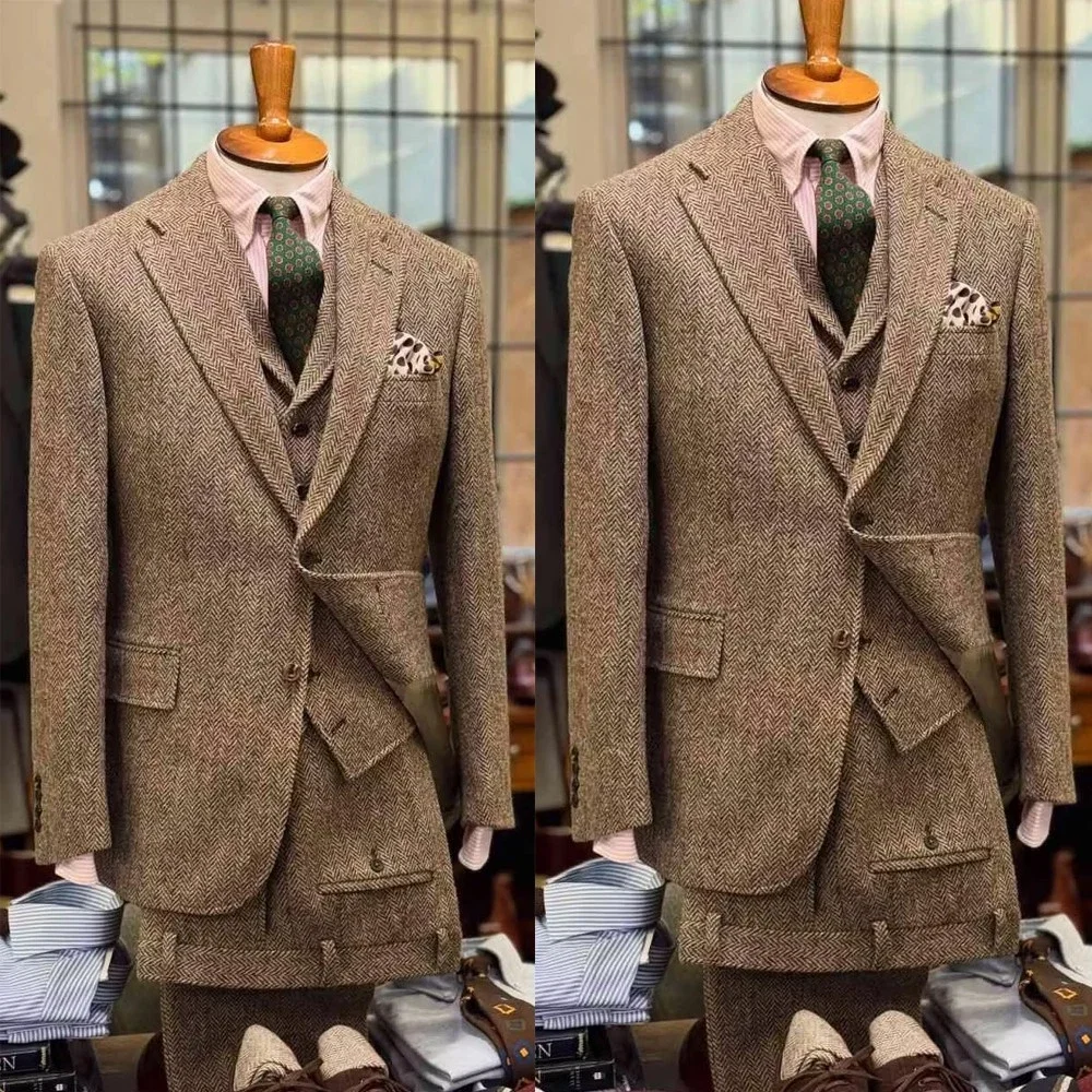 Men Herringbone Tweed 3 Piece Suit Vintage British Style Jacket Vest Pants Set Formal Wedding Groom Business Casual Customized