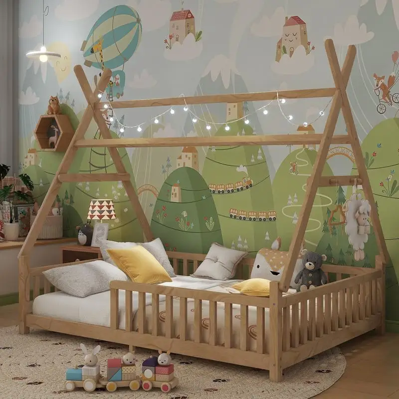 سرير منزلي كامل مع أضواء، سرير منزلي منخفض الطابق مع سياج وسقف للأطفال، لمسة نهائية طبيعية، تصميم آمن وأنيق للأولاد #2