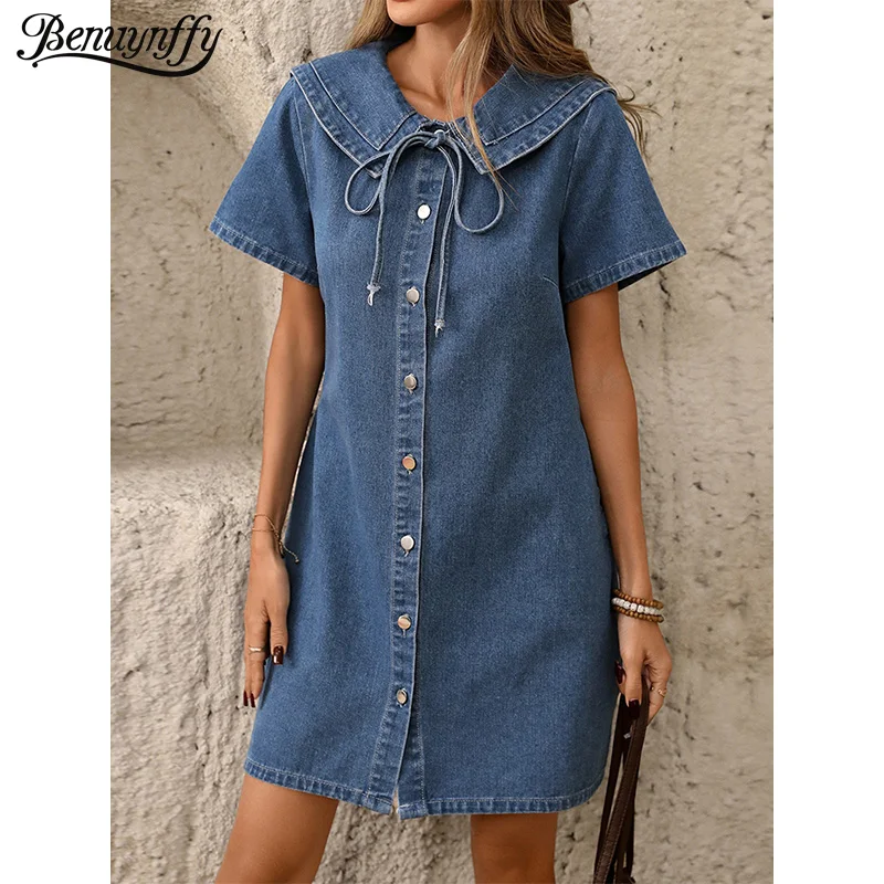 

Benuynffy Peter Pan Collar Retro Washed Denim Dress Women 2026 Summer Single Breasted Short Sleeve A-line Pockets Mini Dresses