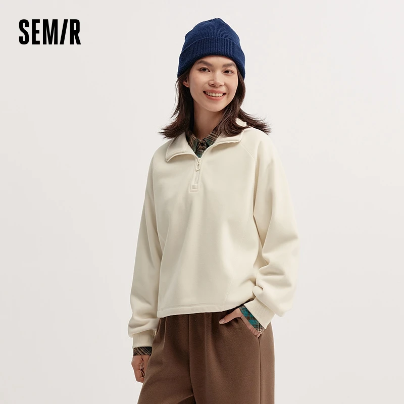 Semir Sweater Women Polar Fleece Stand-Up Collar Raglan Sleeve 2024 New Winter Loose Drawstring Top