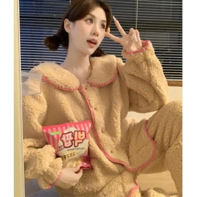 

Girl Winter Homewear Sweet Big Collar Coral Fleece Home Suit Set for Students Thickened and Warm Korean Version Women's Pajama
