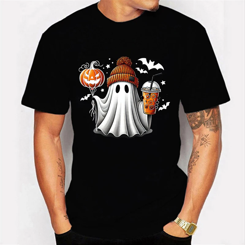 Men's Clothing Summer T-shirts Cute Ghost Coffee Pumpkin Halloween Graphic Print Casual Sports O Neck Short Sleeved T-shirt Top