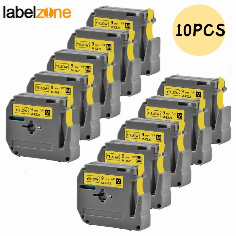 10pcs Labels Tapes  MK621 Compatible For Brother P-touch PT90 PT80 PT85 9mm Black On Yellow Ribbons