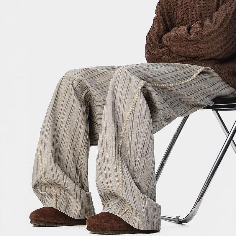 Unisex Suit Pants 2026 Spring Autumn Striped Pants Vintage Old Money Style Loose Wide Leg Drapey Floor-length Commuter Trousers