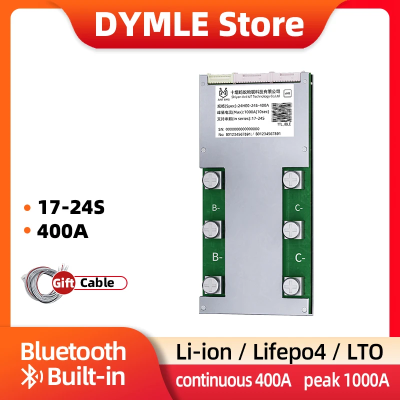 

17-24S Li-ion Lifepo4 Lto Battery ANT Smart BMS 48V 60V 72V 17S 18S 19S 20S 21S 22S 23S Continuous 400A peak 1000A BT Built-in