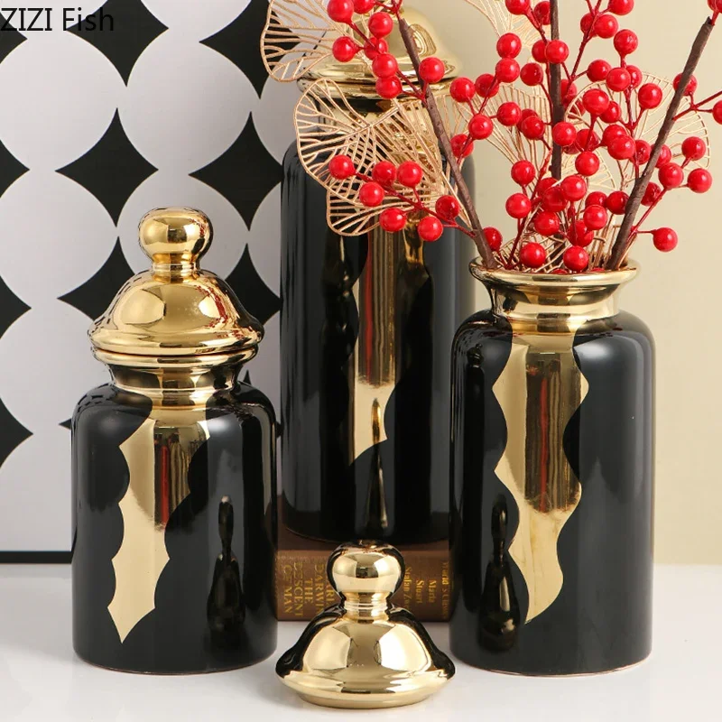 Gold Plated Pattern General Tank Black Ceramic Storage Jar with Lid Desktop Flower Arrangement Jewelry Jars Cosmetic Container