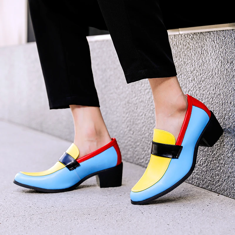 

Men Stylish Mixed Color Elevator Loafers High Heel Dress Shoes Business Casual Party Wedding Dance Height Increase Leather Shoes