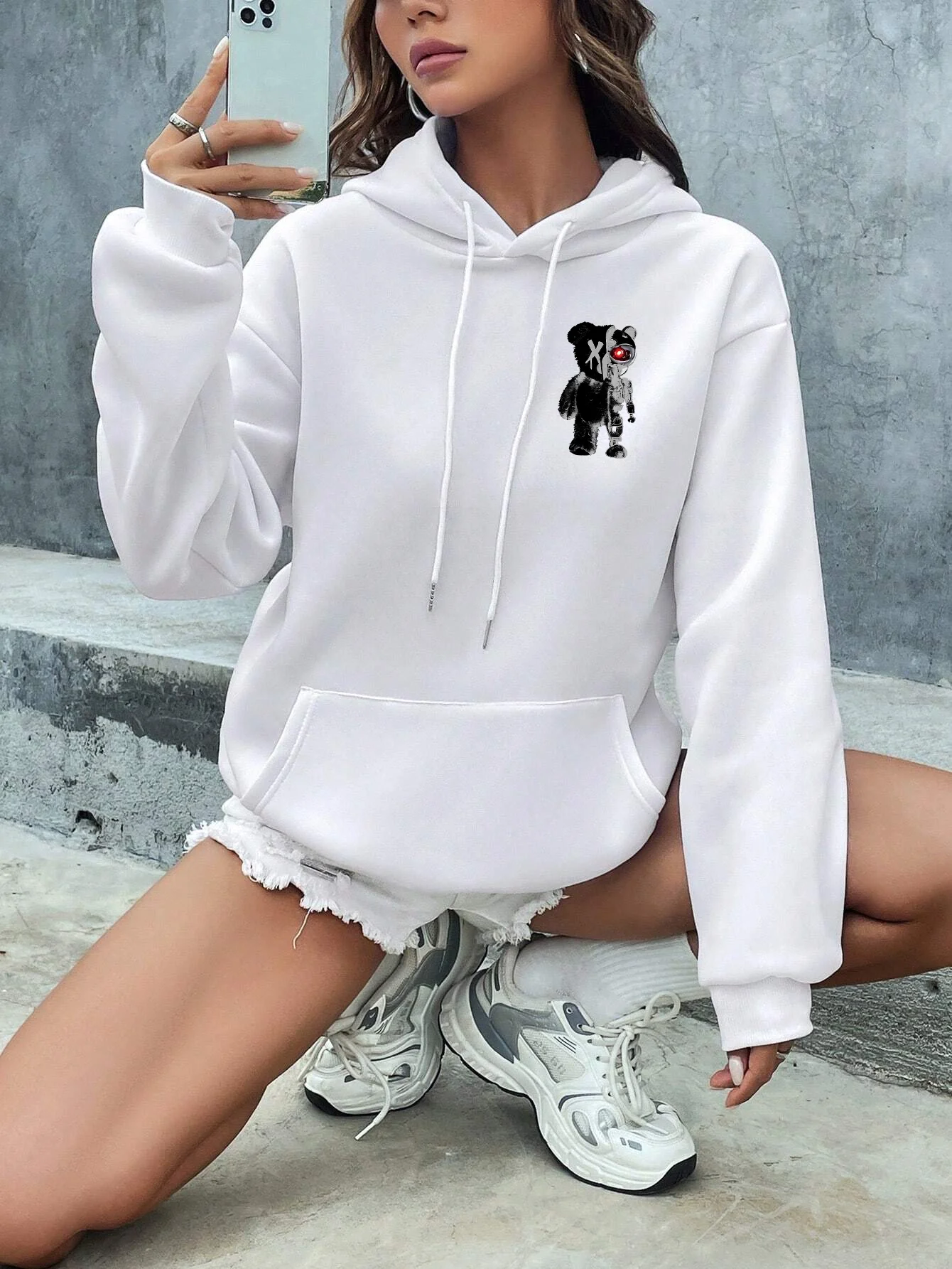 Half A Teddy Bear, Half A Robotic Bear Women Hoodie Vintage Oversize Hoody High Quality Sweatshirt Street Autumn Female Clothes