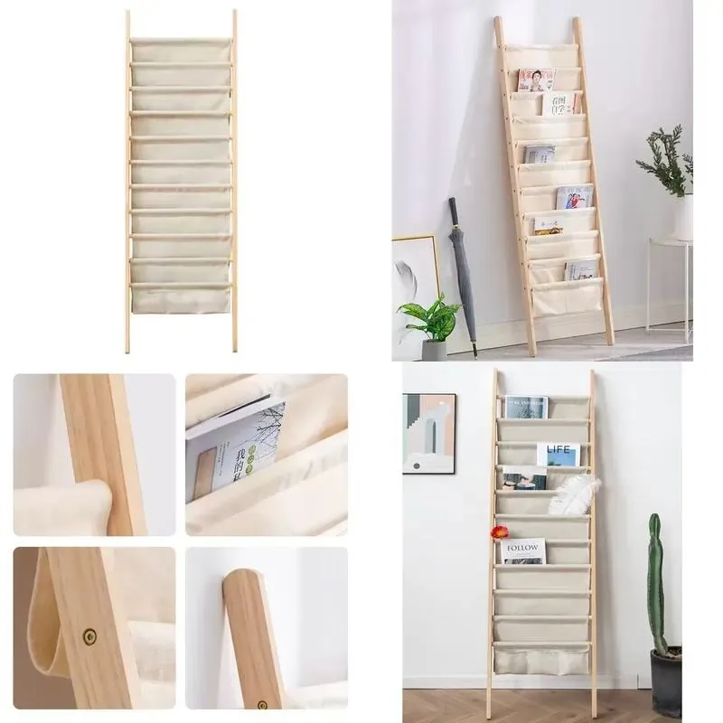 Floor Magazine Shelf Pocket Wire Newspaper Rack Layered Design Wooden Bookshelf Storage Organizer for Living Room Bedroom