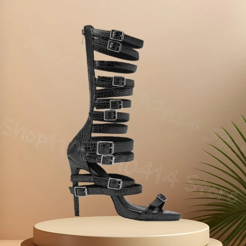 

Black Alligator Print Hollow Design Buckle Sandals Back Zipper Women Shoes Thin High Heels Party Dating 2026 Zapatos Para Mujere