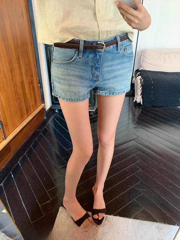 

Винтажные синие джинсовые шорты Xzichic из выцветшего хлопка прямого кроя для женщин, летние повседневные шорты с низкой талией на молнии, синие джинсовые шорты для дам