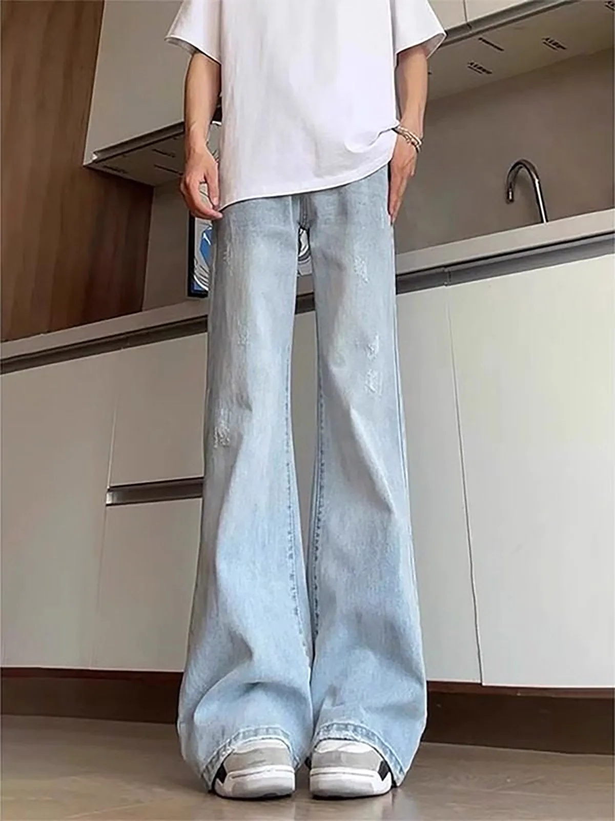 

Light Blue Bell Bot Straight Leg Men's Jeans High Street Teenage Feeling Wide Leg Knife Long Pants