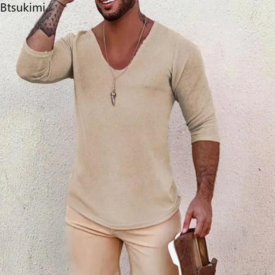 2024 Men\'s Casual Long Sleeve Kniited Sweaters Thin Style Mens Spring Autumn Clothing Solid V Neck Knitting Pullover Knit Tops