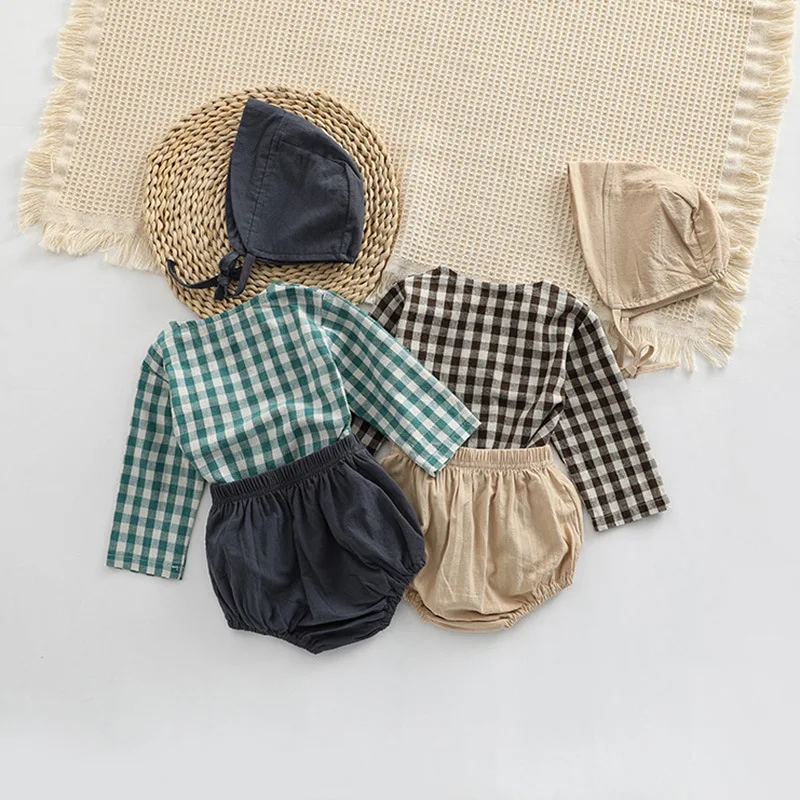 2023 Autumn Spring Newborn Baby Girls Boys Full Sleeve Plaid Top Shirts+shorts+hat Infant Kids 100% Cotton Clothing Set 3pcs