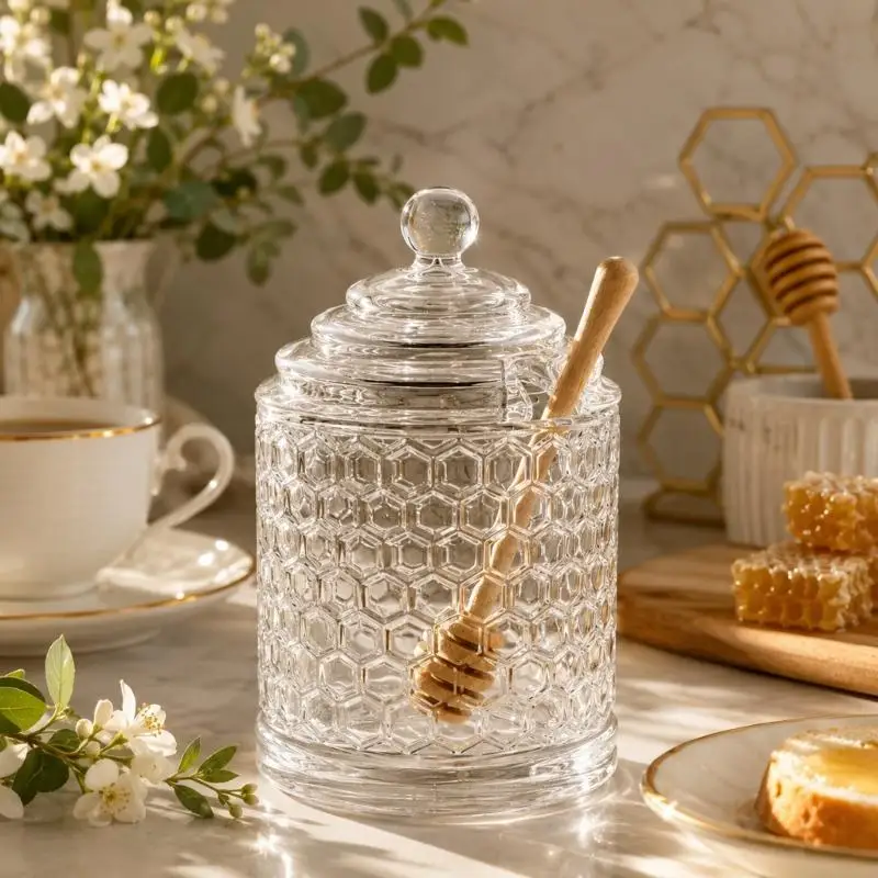 Glass Serving Jar with Lid and Rest Slot, Textured Table Piece for Breakfast Spreads, Family Meals, Beverage Corners and 37JD