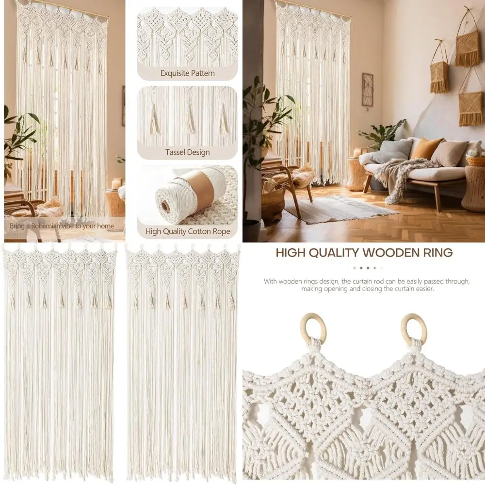 

Handcrafted Bohemian Macrame Curtain with Tassels, 2-Panel Room Divider, 79 x 35 for Living Spaces & Weddings