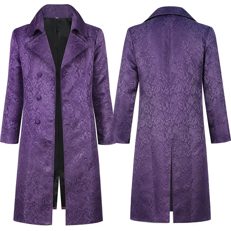 

Halloween Joker Medieval Jacket Cosplay Costume Long Coat with Notched Collar Men Elegant Purple Jacquard Overcoat