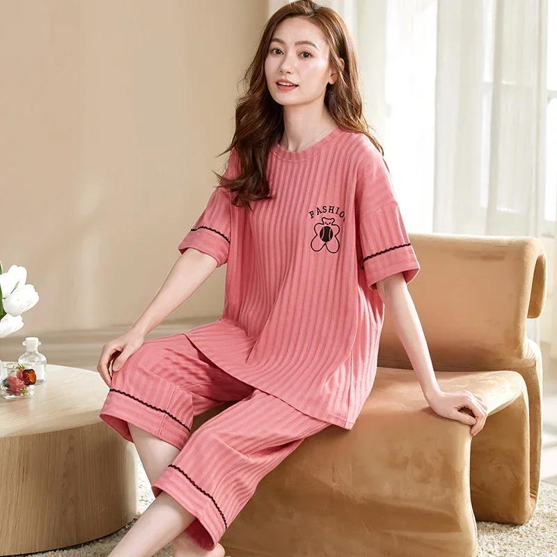 Plus Size 5XL Summer Fashion Deep Blue Nightwear for Girls Knitted Cotton Pajamas Set Women Short Sleeve Capri Pants Sleepwear