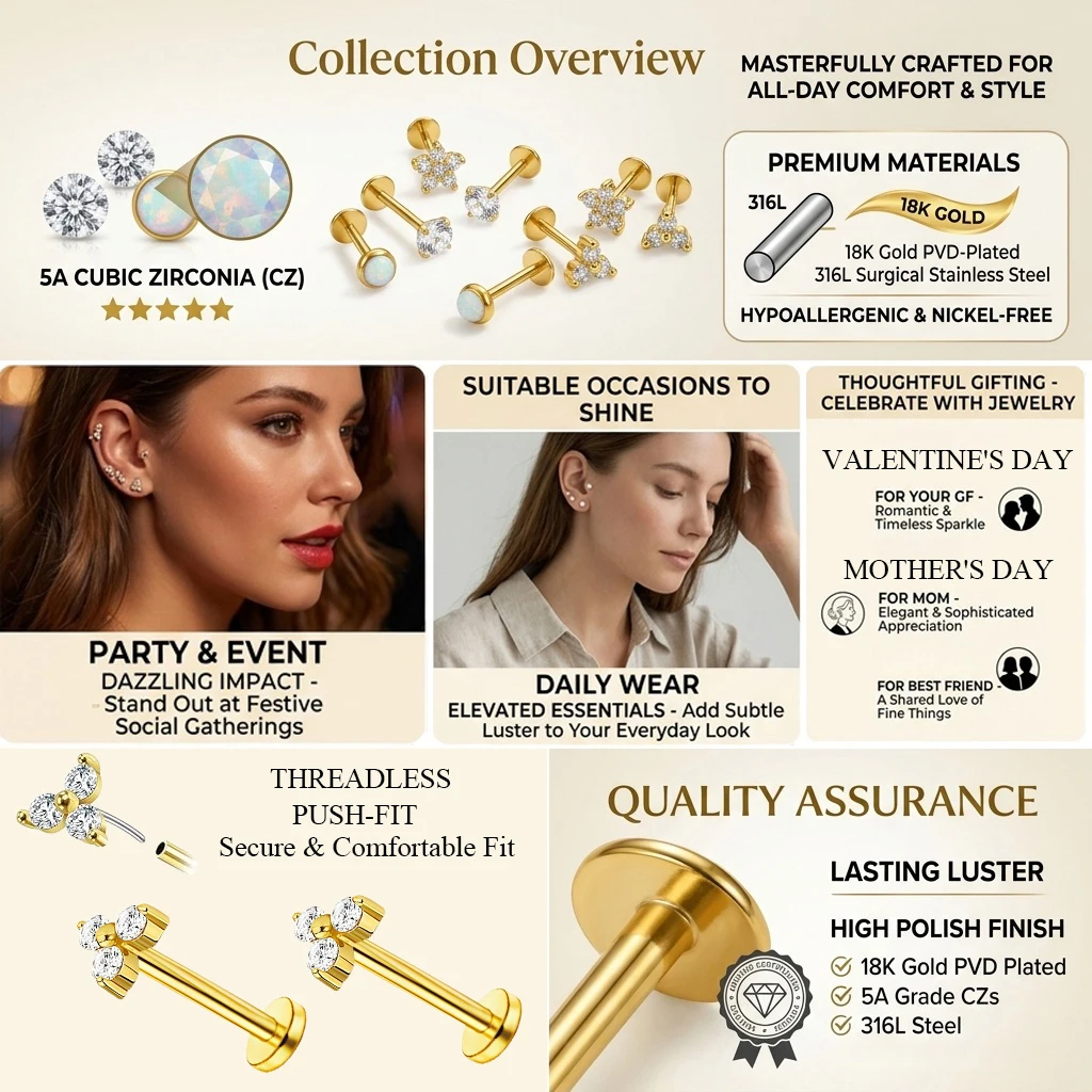 EVISPOL 18G Edelstahl Ohrstecker ohne Gewinde mit flacher Rückseite für Frauen, hypoallergen, CZ Knorpel-Labret-Piercing-Schmuck – Detail 6