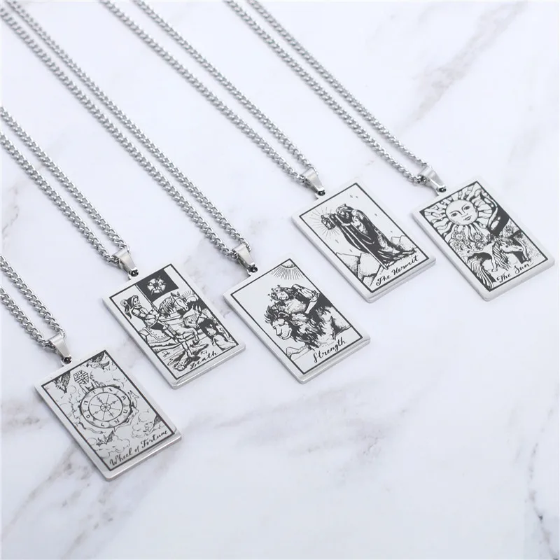 Tarot Cards Pendant Necklace for Women Stainless Steel Choker Clip Chain Necklace Amulet Major Arcana Tarot Jewelry