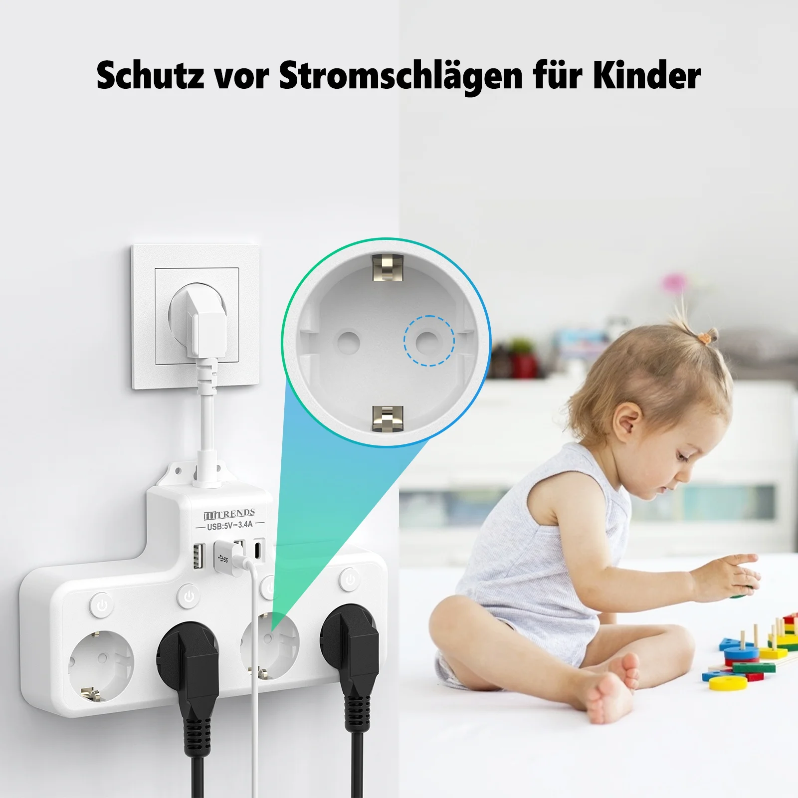 Eu plug multi-contact socket 3/4/5AC+USB-C and Type-C fast charging ports home power socket with switching surge protector image 4