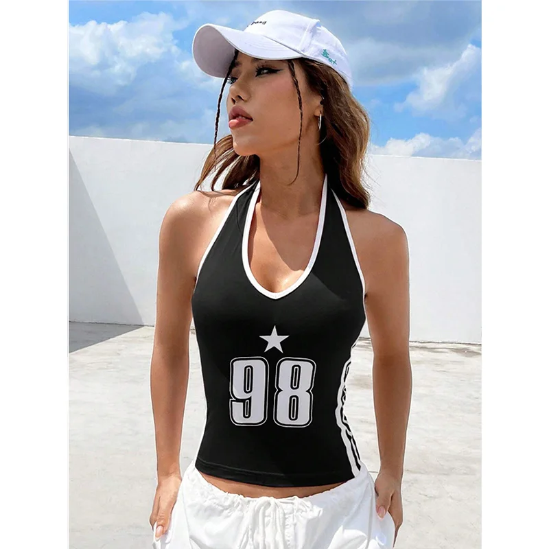 2024 Summer European and American Cross border Minimalist Printed Small Design Fashion Women's Blokecore Tank Top