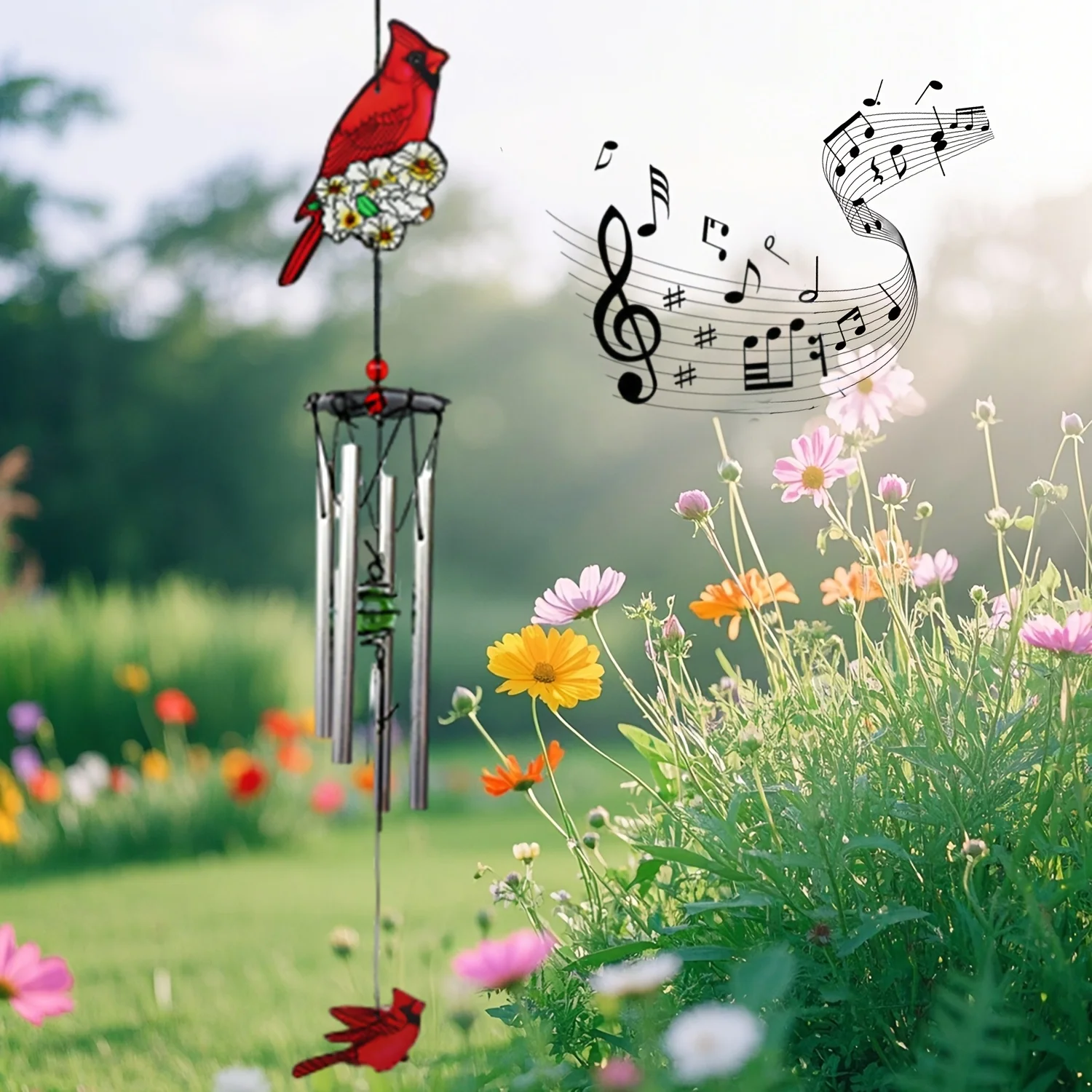 Red Cardinal Bird Wind Chime Red Robin Metal Aluminum Tube Wind Chime Outdoor Garden Hanging Decoration Balcony Decorative Wind Chime Gift