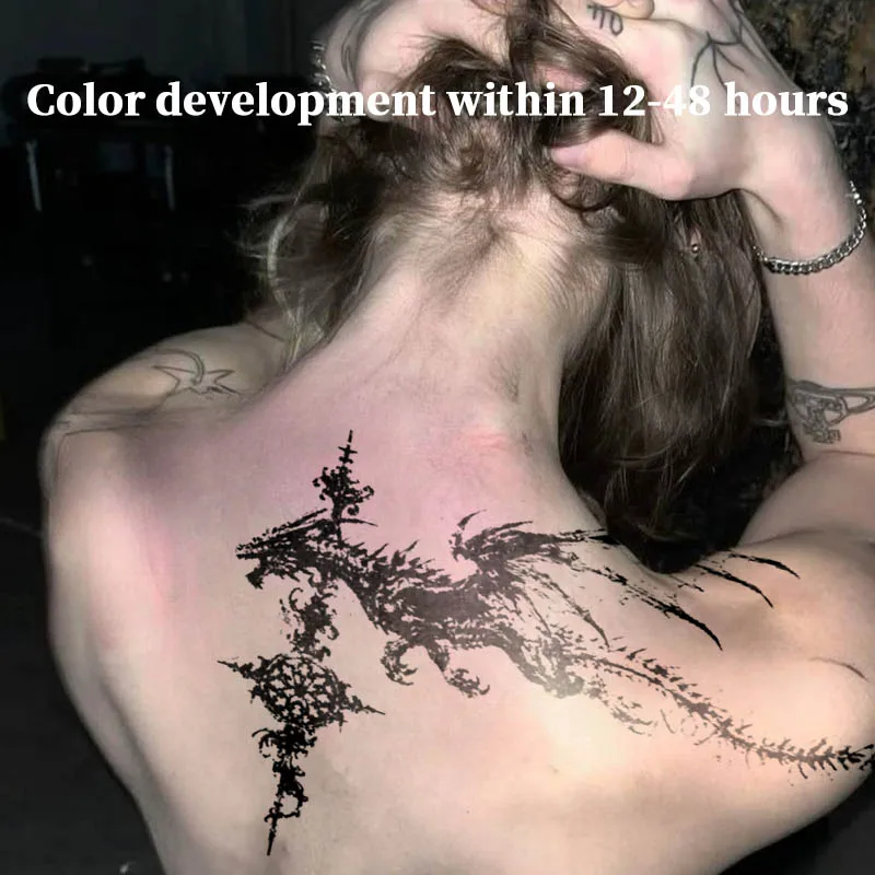 Herbal Juice Semi-Permanent Tattoo Sticker Black Dragon with Cross Waterproof Long Lasting Fake Tattoo for Back Body Art