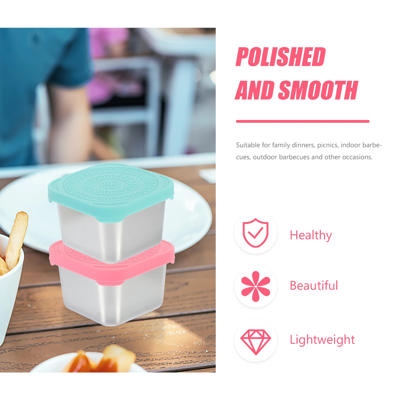 

2pcs Stainless Steel Sauce Cups 190ml Airtight Containers Lids for Salad Dressing Travel Reusable Storage Boxes Soy Condiment