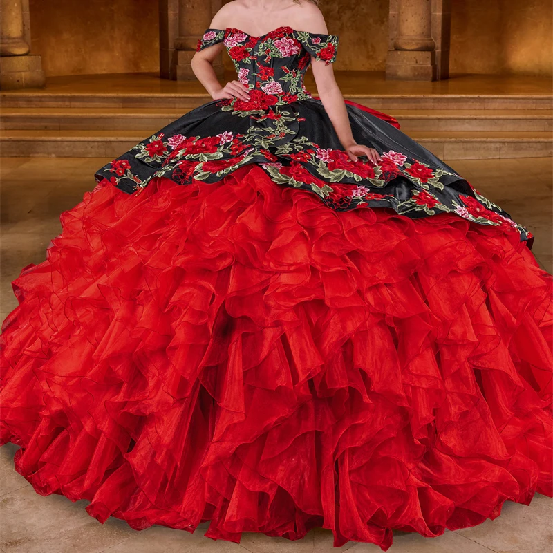 

Red Mexican Princess Quinceanera Dresses Off Shoulder Embroidery Floral Applique Tull Tiered Corset vestido 15 años quinceañera