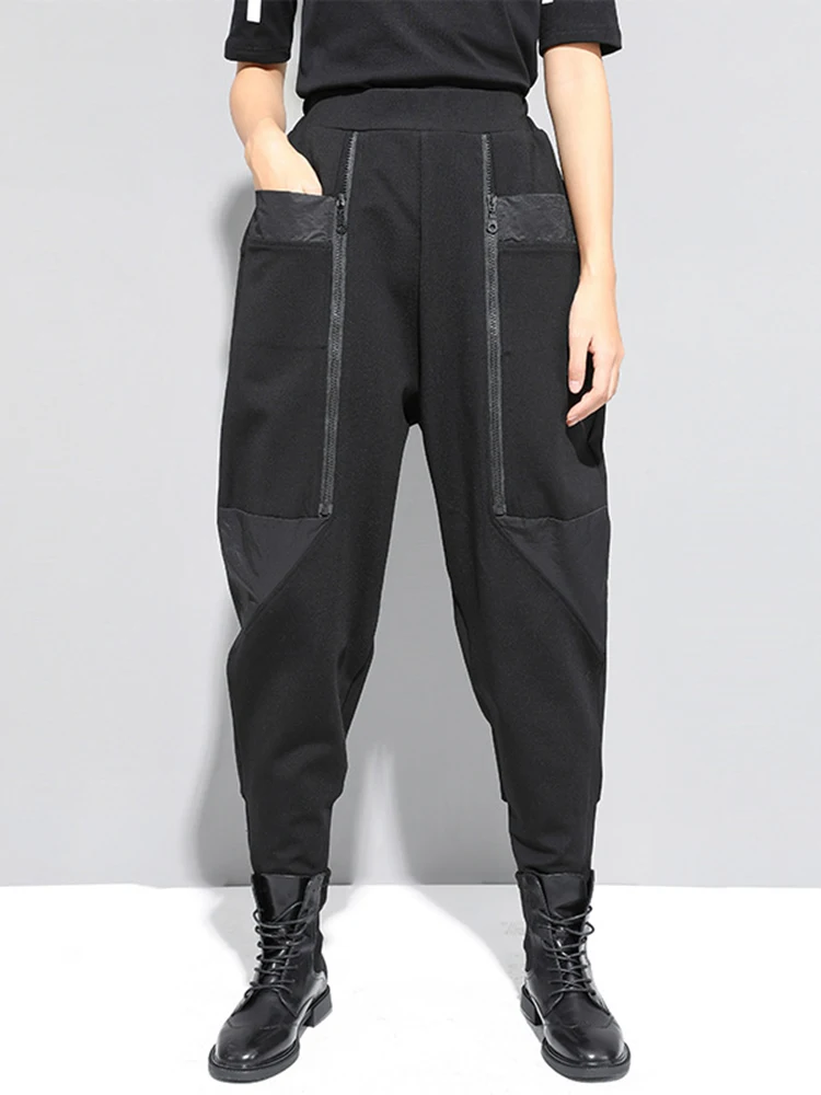EAM High Elastic Waist Black Zipper Split Long Harem Trousers New Loose Fit Pants Women Fashion Tide Autumn 2026 1N796