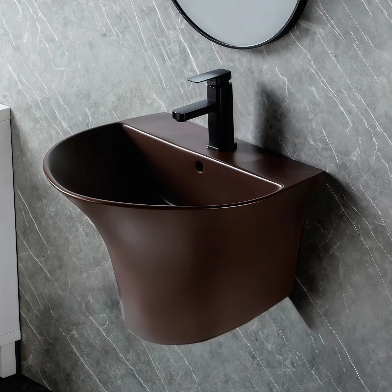Colorful integrated wall-mounted small sink, brown glazed ceramic washbasin, home mini hanging basin suitable for apartments