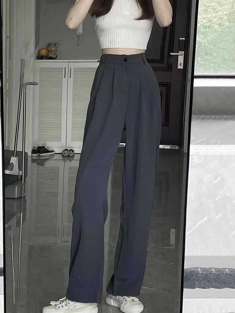 

Black Grey Wide Leg Pants Women's High Waist Autumn Trousers 2022 Thin Casual Straight Pants Office Lady Suit Pants