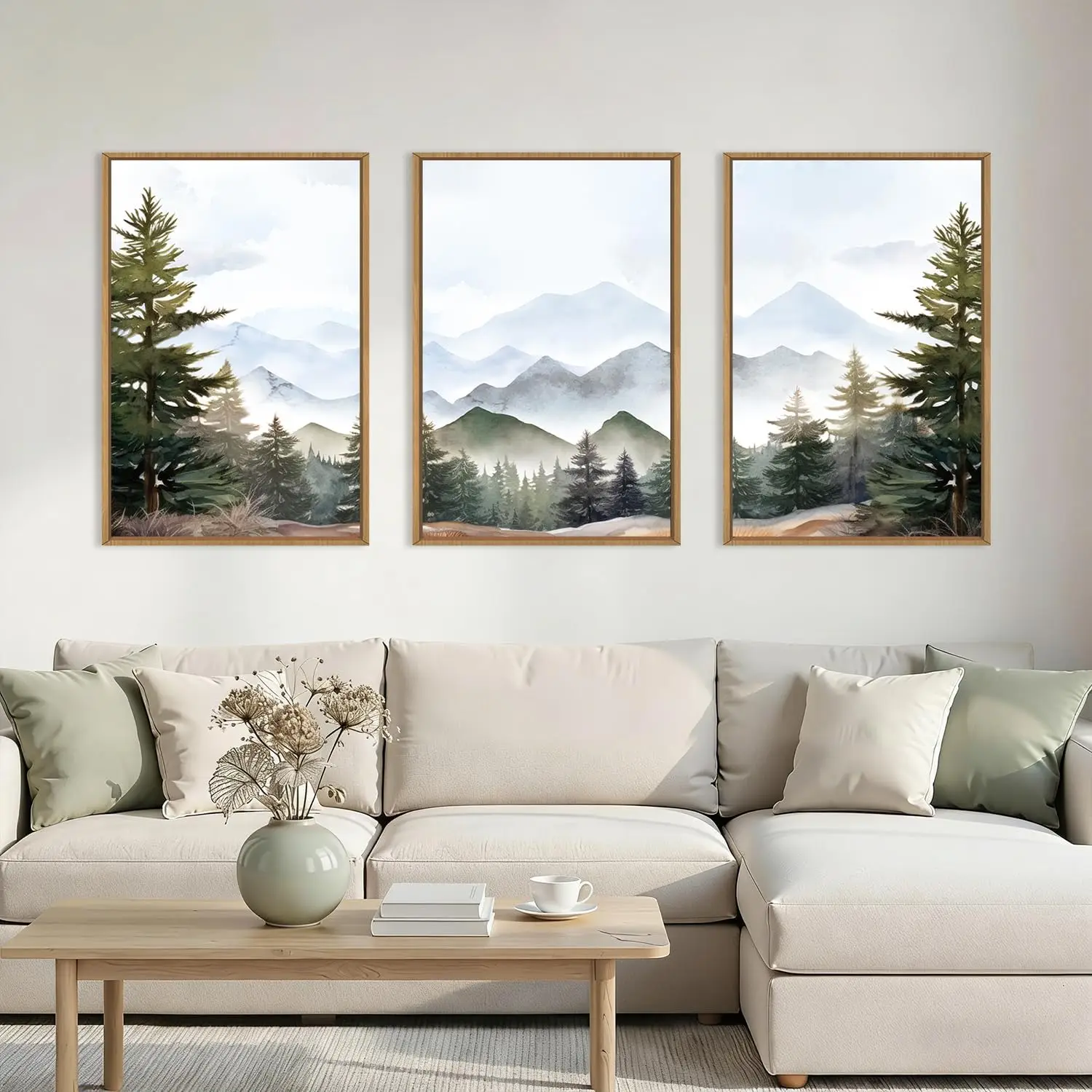 KAIRNE Misty Mountain Landscape Framed Canvas Wall Art Set, Nature Forest Wall Decor, Green Pine Tree Art Prints, Modern Foggy W