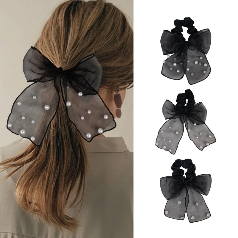 

1 шт. Прозрачная тюлевая резинка для волос с жемчужным бантом, женская, нежная, модная, романтичная, стильная, для девочек, повседневная, для вечеринок