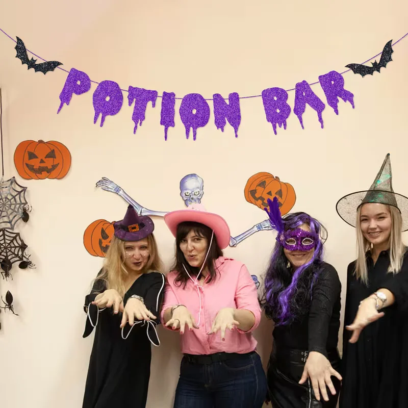 Potion Bar Banner Purple Glitter Drip Letter with Bat Garland Halloween Party Bar Decorations Photo Backdrop