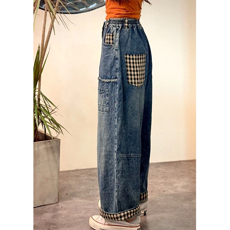 Masss Wasss Designer Automne Femmes Vintage Plaid Jeans Lâche Pantalon En Denim Décontracté 2025 Dames Classique Décontracté Taille Haute Pantalon