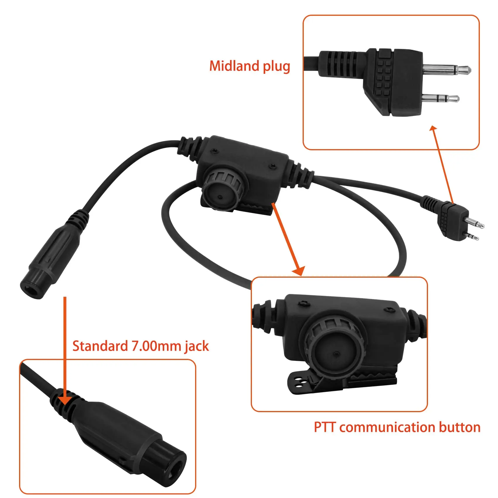 Hearangel U94 PTT Midlan 2 Pin Plug Compatible with Tactical Headset with 7mm Jack
