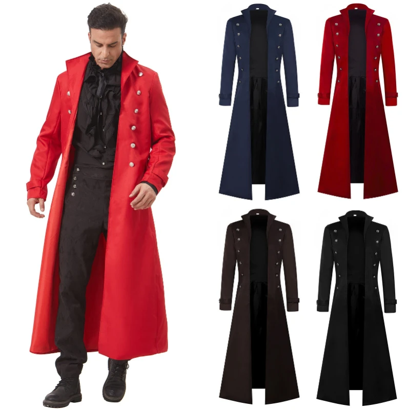 Vintage Gothic Long Coat for Men,Double Breasted Long Sleeve Solid Color Oversized Long Jacket Medieval Cosplay Outwear S To 5XL